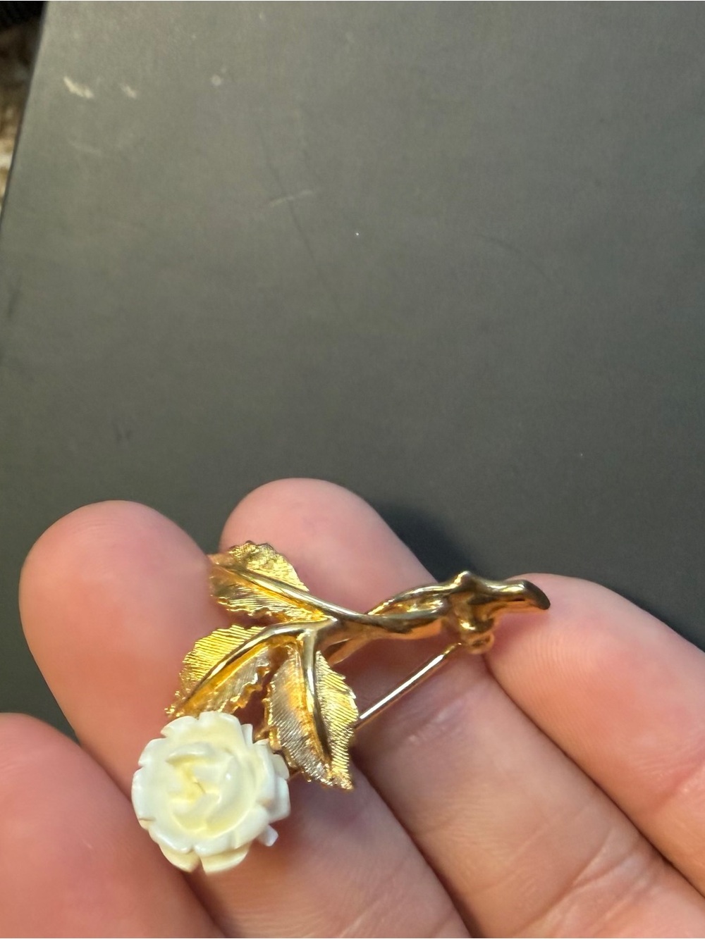 Vintage Ivory Rose Brooch Gold Tone Floral Flower Pin Signed